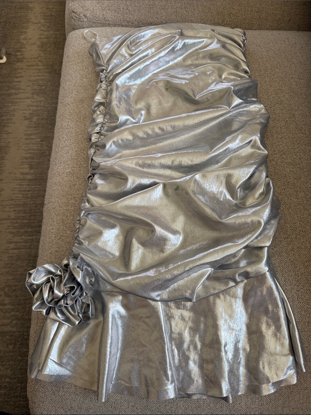 Theme Silver Metallic Ruched Flower-Accent Kids Formal Dress